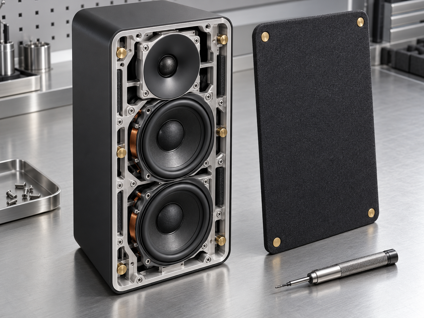 Morrow One with front magnetic panel detached next to a stainless steel Torx T10 driver, exposing the CNC aluminium chassis and dual woofers