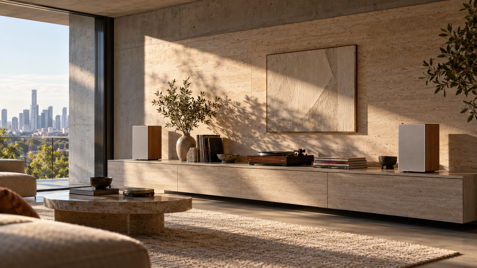 Two Morrow One speakers arranged as a Left and Right stereo pair on a concrete credenza in a sunlit apartment